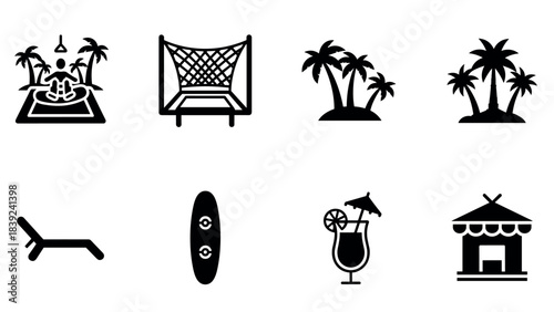 Tropical leisure icons set featuring palm trees, lounge chair, surfboard, and beachside cocktails