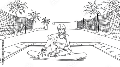 Young woman relaxing on trampoline in tropical backyard setting