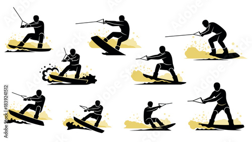 Dynamic silhouette of wakeboarding enthusiasts in action