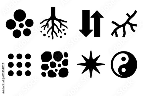 Bold Microbiome Icons. Soil Microbiome Dynamics silhouette set: microbial cluster icon, root–microbe interface, nutrient exchange arrows, fungal hyphae strand, bacterial colony dot
