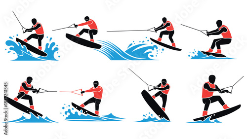Dynamic wakeboarder silhouettes on waves capturing exciting water sports action