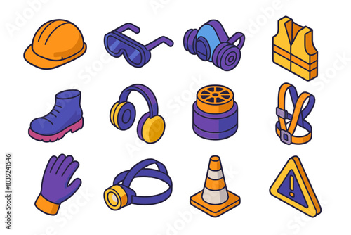 Safety Gear Icons. Industrial Worksite Safety Elements isometric flat set: protective helmet, tinted goggles, ventilation mask, hi-vis vest, impact-resistant boots, noise protector