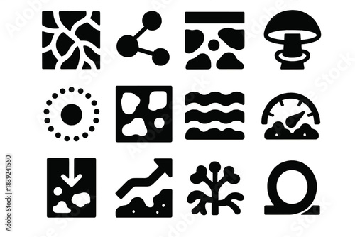 Brutalist Fungal Icon Set. Fungal Network Dynamics silhouette set: mycelium tile, spore node, hyphal thread bar, cap ring, nutrient flow dot, substrate patch, moisture cue stripe,