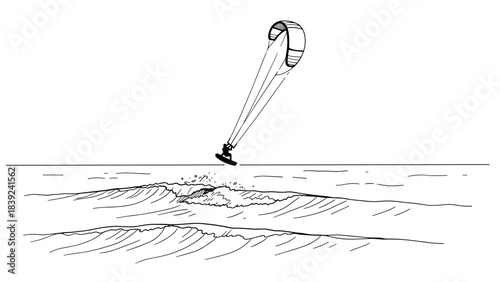 Kitesurfer riding waves in black and white line art