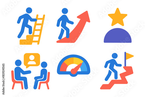 Career Growth Icons. Career Advancement Set flat set: ladder steps, promotion arrow, achievement star, coaching session icon, performance gauge, success path.