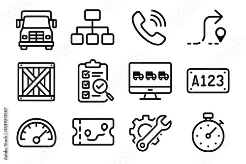 Transport Workflow Icons. Transport Workflow Elements linear set: truck front view, logistics chart, dispatch call icon, path arrow, cargo crate, inspection checklist, fleet