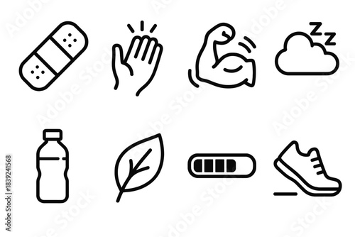 Recovery Icon Set. Physical Recovery linear set: bandage icon, healing hand, muscle relief line, rest bubble, hydration bottle, wellness leaf, progress bar, steady step.