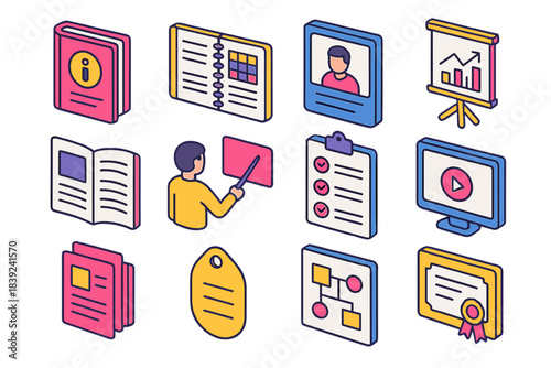Educational Icon Set. Educational Training Icons isometric flat set: course guide, session plan, instructor card, flip chart board, study booklet, presenter pointer, skills list,