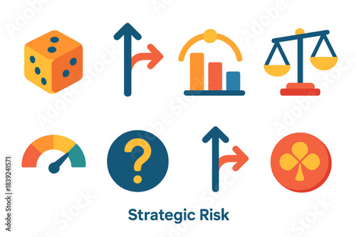 Strategic Risk Icons. Strategic Risk Set flat set: dice roll, split route, probability chart, tipping scale, risk gauge, uncertain node, decision fork, chance token.