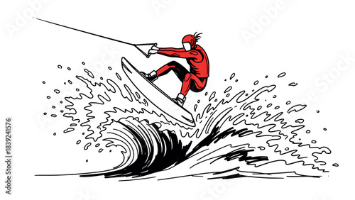 Wakeboarding adventure with dynamic splash in minimalist black and red design