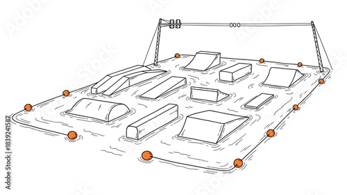 Minimalistic outline of water obstacle course for adventure sports enthusiasts