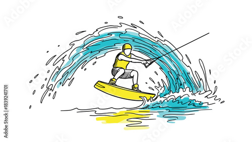 Dynamic wakeboarding adventure: vibrant sketch of thrilling watersport scene