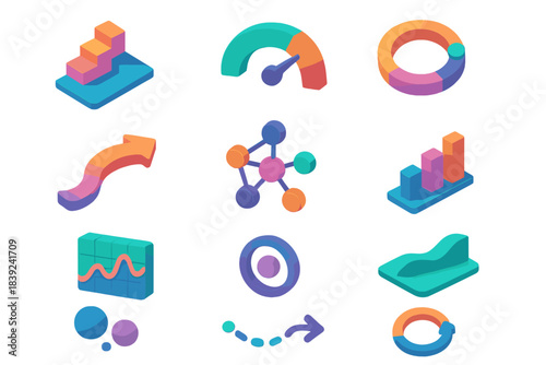 3D Isometric Icon Set. Engagement Pathway Models flat isometric set: playback journey map, attention band gauge, sentiment point ring, skip-flow arrow, loyalty cluster node,