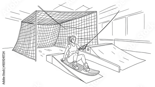 Wakeboarding training facility in linear style with athlete and ramps