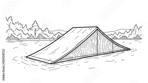 Hand-drawn wakeboarding ramp in lake with scenic forest background