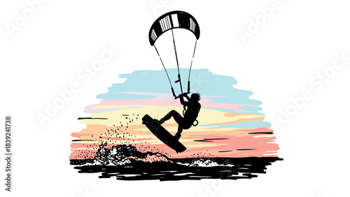 Dynamic kite surfing adventure in artistic silhouette with vibrant sunset colors