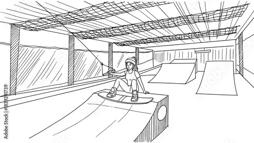 Indoor wakeboarding adventure: dynamic line art of athlete in action