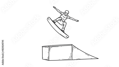 Dynamic skateboarder performing stunt over ramp in linear style