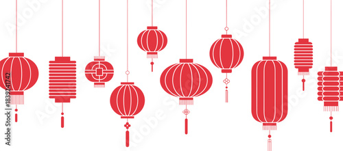 Red Chinese lanterns hanging in various traditional shapes, minimalist festive illustration for Lunar New Year celebration and Asian cultural holiday decor