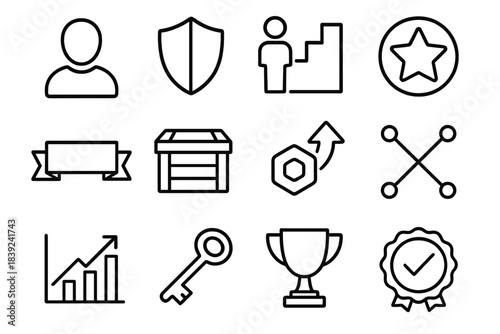 Game Progression Icons. Player Progression linear set: avatar silhouette, rank badge, progression ladder, achievement star, milestone banner, reward crate, talent upgrade arrow,