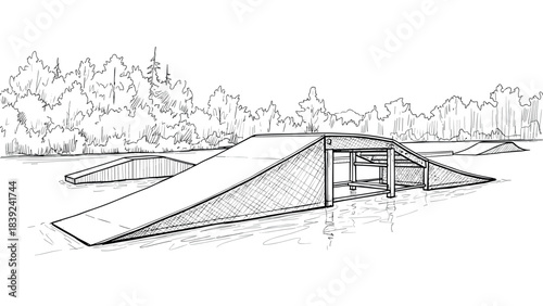 Skatepark ramp in ink sketch style by a forest lake in summer