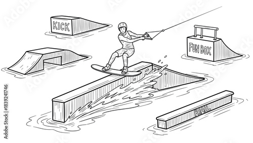 Energetic wakeboarding adventure in monochrome with dynamic water features