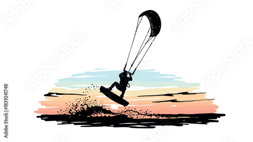 Dynamic kiteboarding silhouette against vibrant sunset background