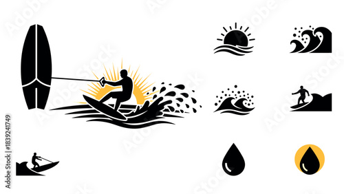 Dynamic wakeboarding adventure in stylized silhouette with sun and waves