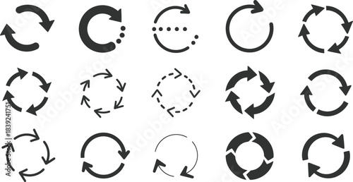 Collection of black circular arrows and rotation symbols on a white background
