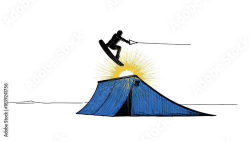 Dynamic silhouette of wakeboarder jumping over blue ramp with sunburst