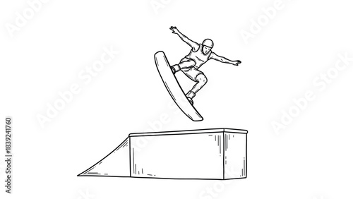 Skateboarder performing trick on ramp in detailed line drawing