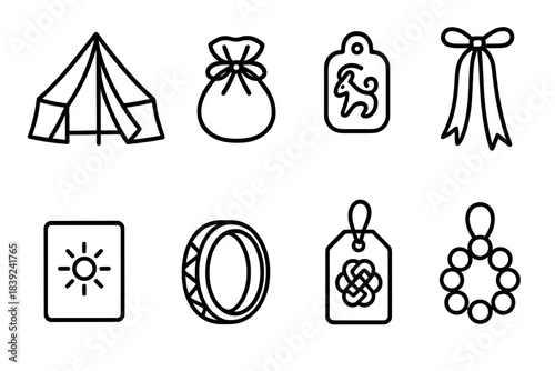 Nomadic Icons Collection. Nomadic Cultural Items linear set: collapsible cloth panel, charm pouch, tiny carved token, festival ribbon strip, greeting slip, compact drum ring, unity