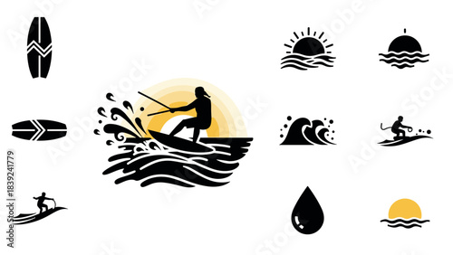Surfer at sunset: silhouetted water sports emblems with wave and sun icons