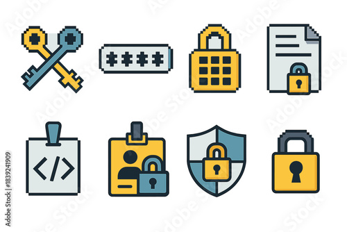 Data Security Icons. Information Encryption Set set of icons in flat pixel vector style: key pair icon, encrypted text bar, cipher lock, secure document, code fragment tile, token