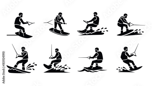 Silhouette set of wakeboarders in action: dynamic water sports collection
