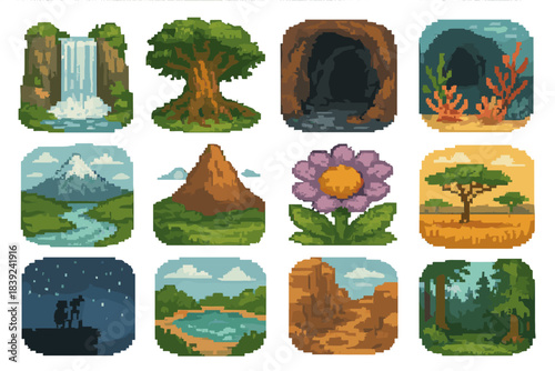 Planetary Nature Icons. Planetary Nature Treasures set of icons in flat pixel vector style: great waterfall, giant old tree, deep cave chamber, coral garden, glacial river, iconic