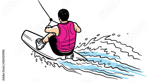 Dynamic wakeboarding adventure: back view of rider in red vest creating splash