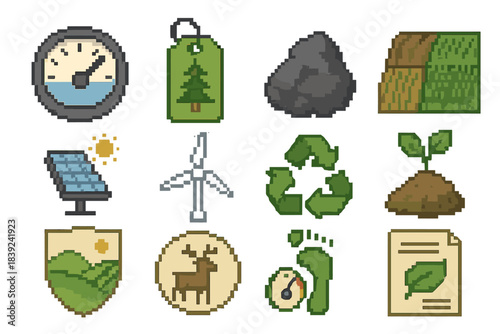 Eco-Friendly Icon Set. Responsible Resource Use Elements set of icons in flat pixel vector style: water reserve gauge, forest management tag, mineral impact icon, crop rotation