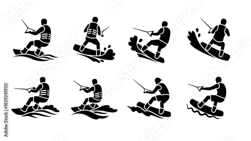 Silhouette collection of dynamic wakeboarding poses in motion