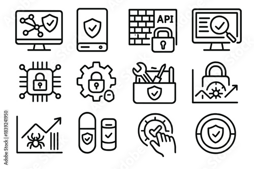 Cybersecurity Icons Overview. Information Security Operations linear set: monitoring console, secure backup drive, protected API gate, log analysis screen, encryption chip, secure