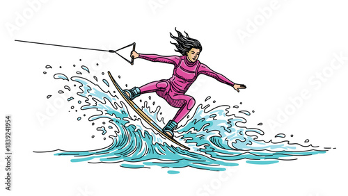 Dynamic woman wakeboarding with energetic waves in vibrant colors