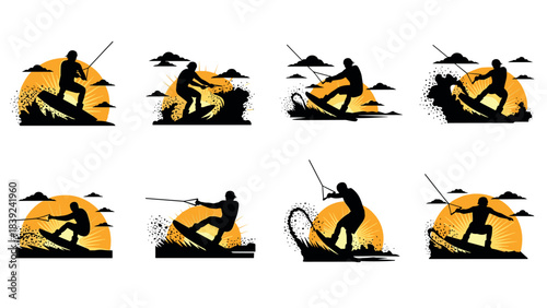 Dynamic silhouettes of wakeboarders against vibrant sunset background