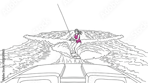 Dynamic wakeboarding scene in black and white line art drawing