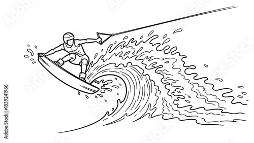 Dynamic line art of wakeboarder riding waves with action and energy