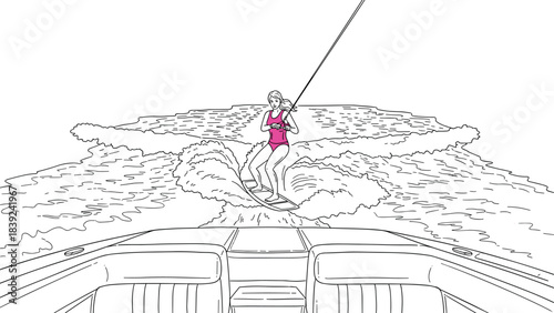 Woman wakeboarding behind boat in dynamic line art style on water