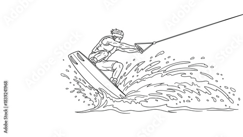 Dynamic line art of wakeboarder in action with splashing water