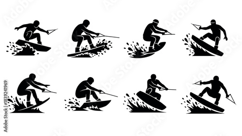 Silhouette set of wakeboarding poses capturing dynamic water sport action
