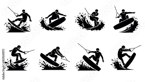 Silhouette set of wakeboarding tricks showcasing dynamic water sport action