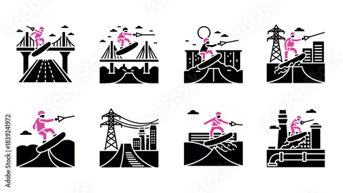 Urban wakeboarding adventures: dynamic city scenes in bold silhouette style