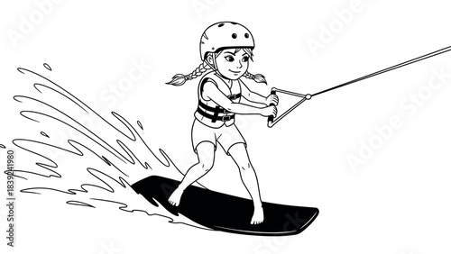 Girl wakeboarding line art: youthful adventure on water in black and white